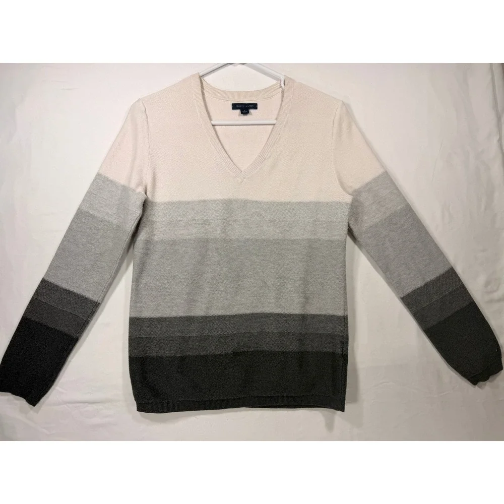 Tommy Hilfiger V-Neck Sweater Womens Medium Grey Cream Colorblock Cotton‎